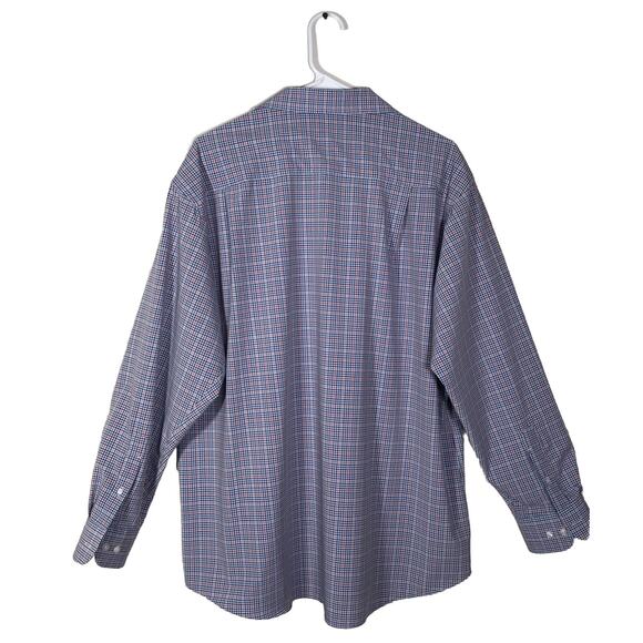 Lands End Checked Shirt Red Blue Men's XL Polyester Button Up Long Sleeve - Picture 2 of 8